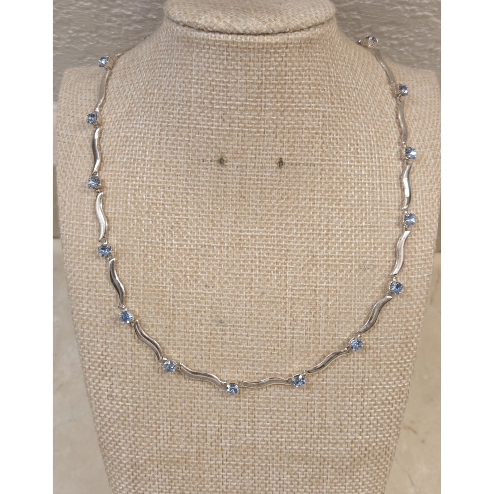 Unique Vintage Wavy Link Sterling Silver & Blue Gemstone Statement Necklace‎ 17"